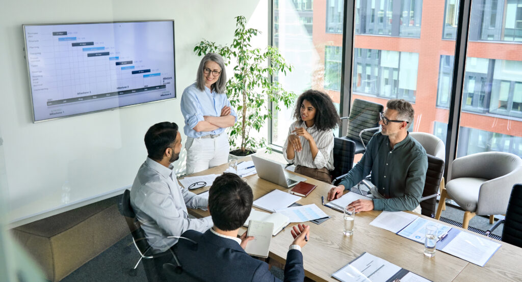Business team discussing their online training strategy in a meeting